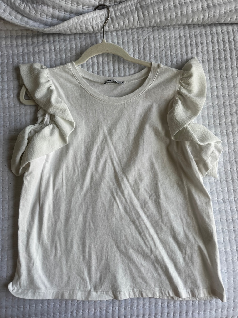 Ruffled Sleeve Crewneck Top in White
